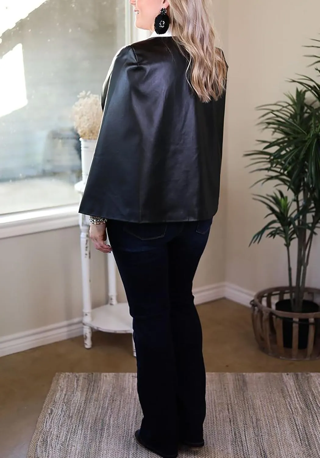 Vaceky Womens Faux Leather Cape Blazer Split Sleeve Open Front Poncho Casual Coat