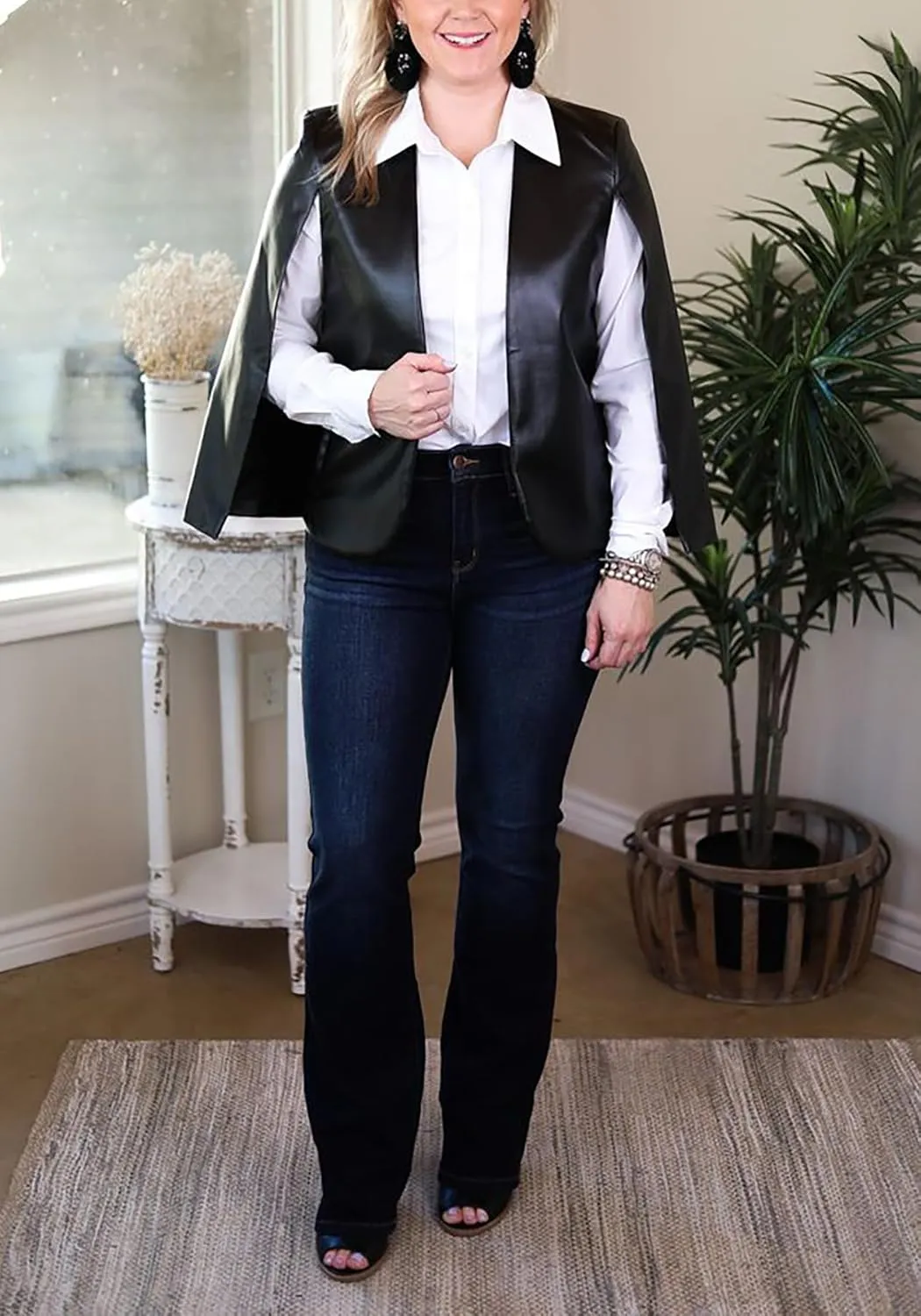 Vaceky Womens Faux Leather Cape Blazer Split Sleeve Open Front Poncho Casual Coat