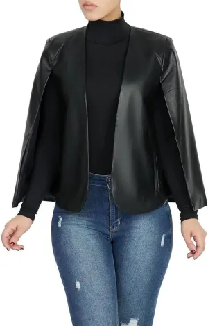 Vaceky Womens Faux Leather Cape Blazer Split Sleeve Open Front Poncho Casual Coat