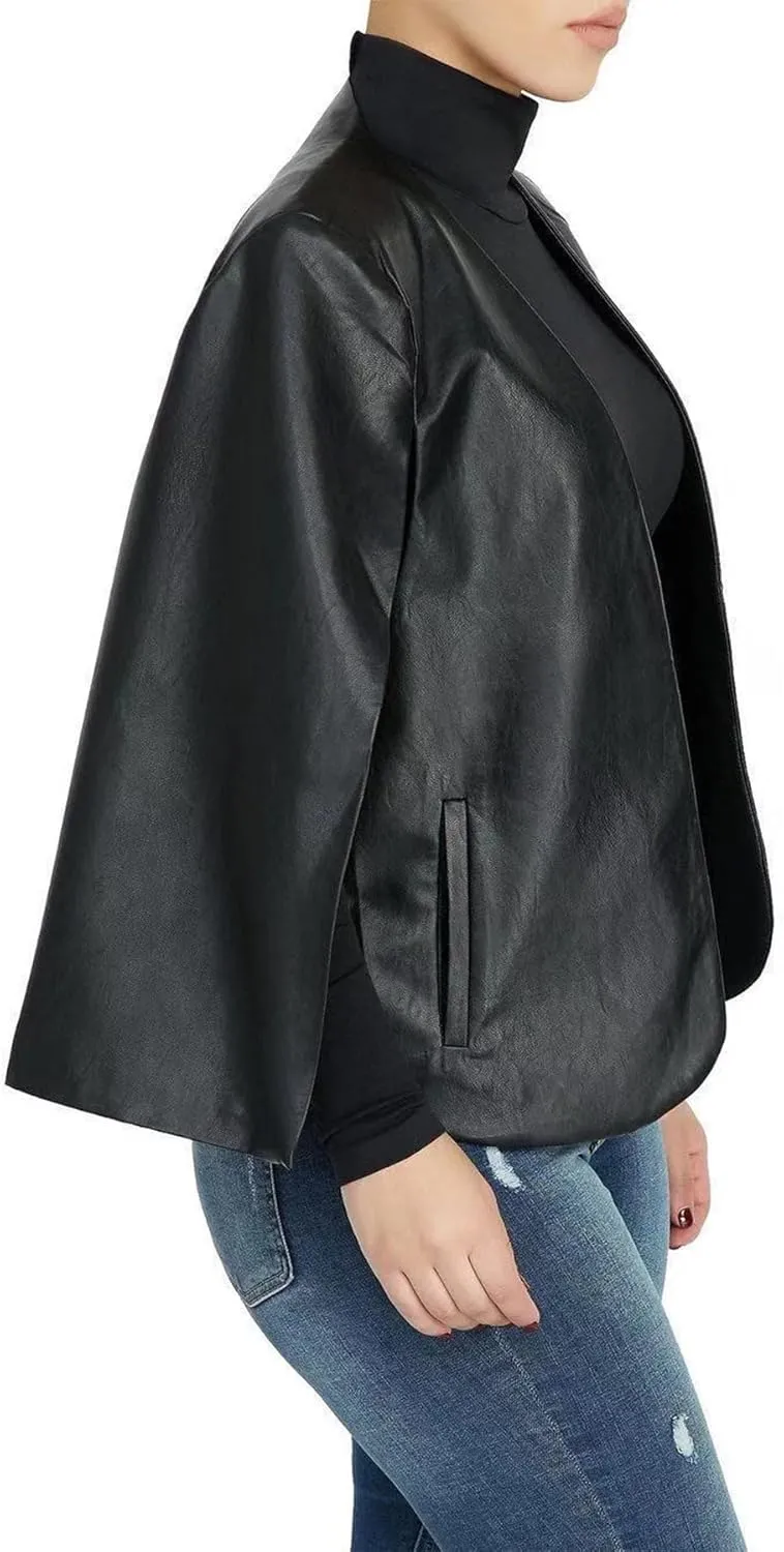 Vaceky Womens Faux Leather Cape Blazer Split Sleeve Open Front Poncho Casual Coat