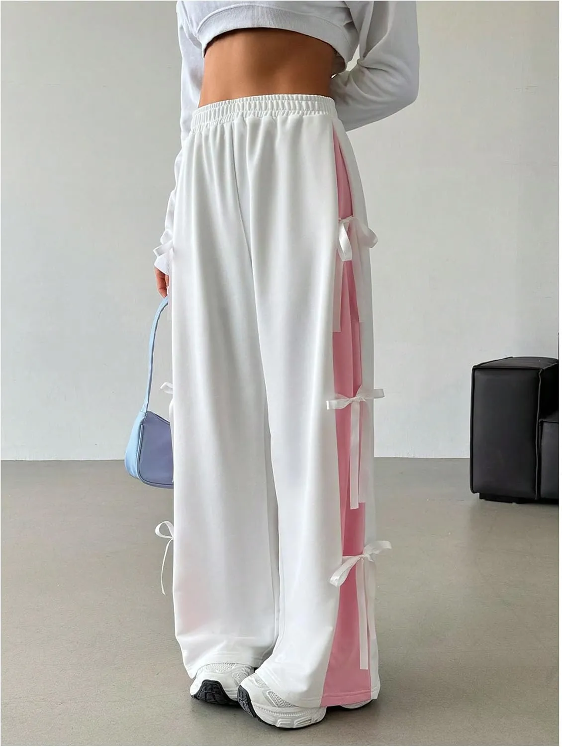 Verdusa Women's Bow Wide Leg Sweatpants Elastic Waist Casual Baggy Pants with Pocket