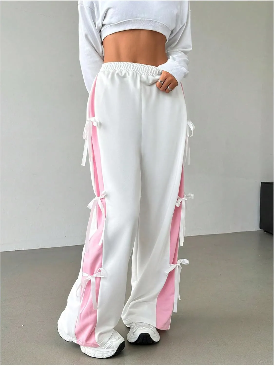 Verdusa Women's Bow Wide Leg Sweatpants Elastic Waist Casual Baggy Pants with Pocket