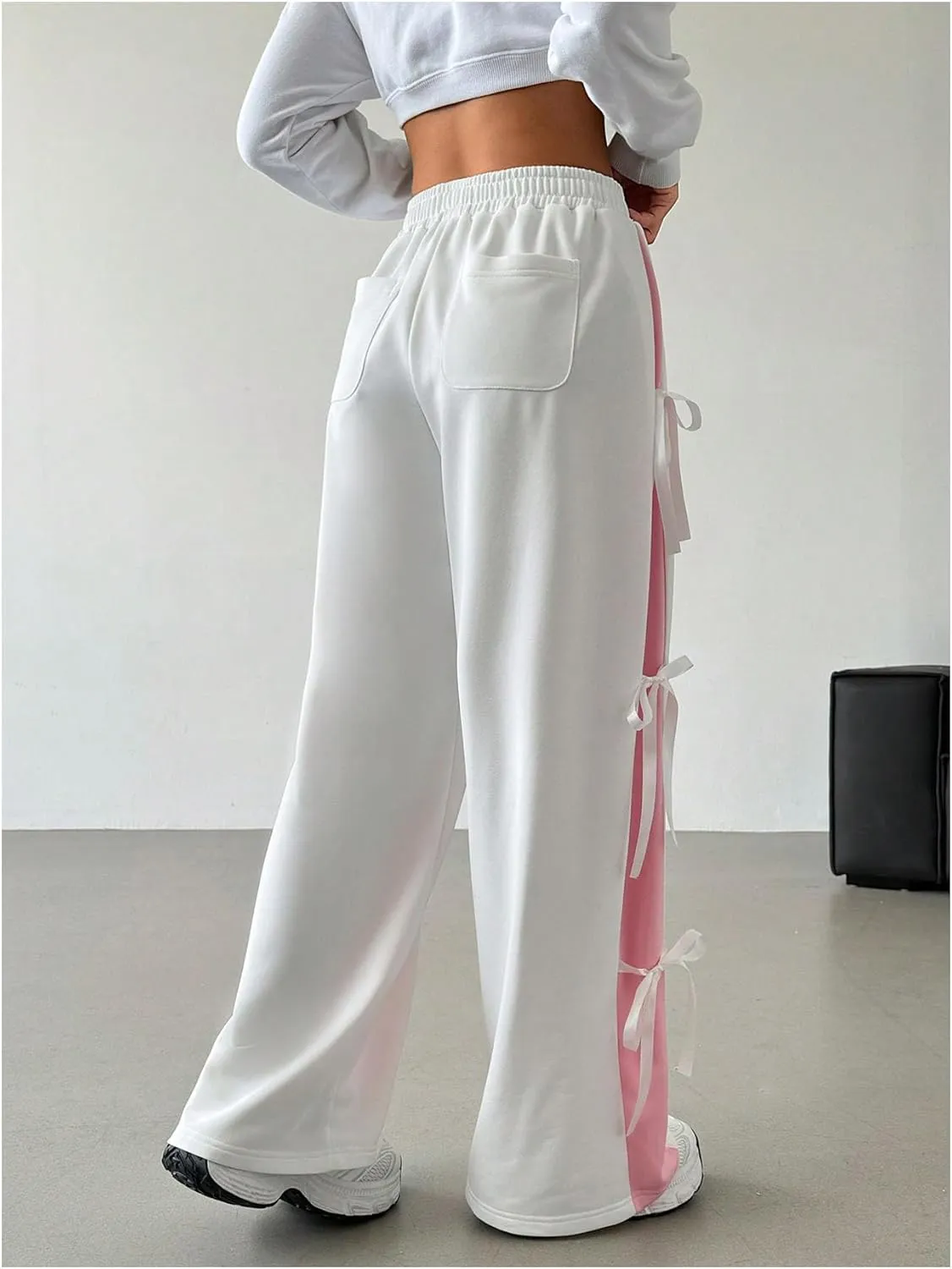 Verdusa Women's Bow Wide Leg Sweatpants Elastic Waist Casual Baggy Pants with Pocket