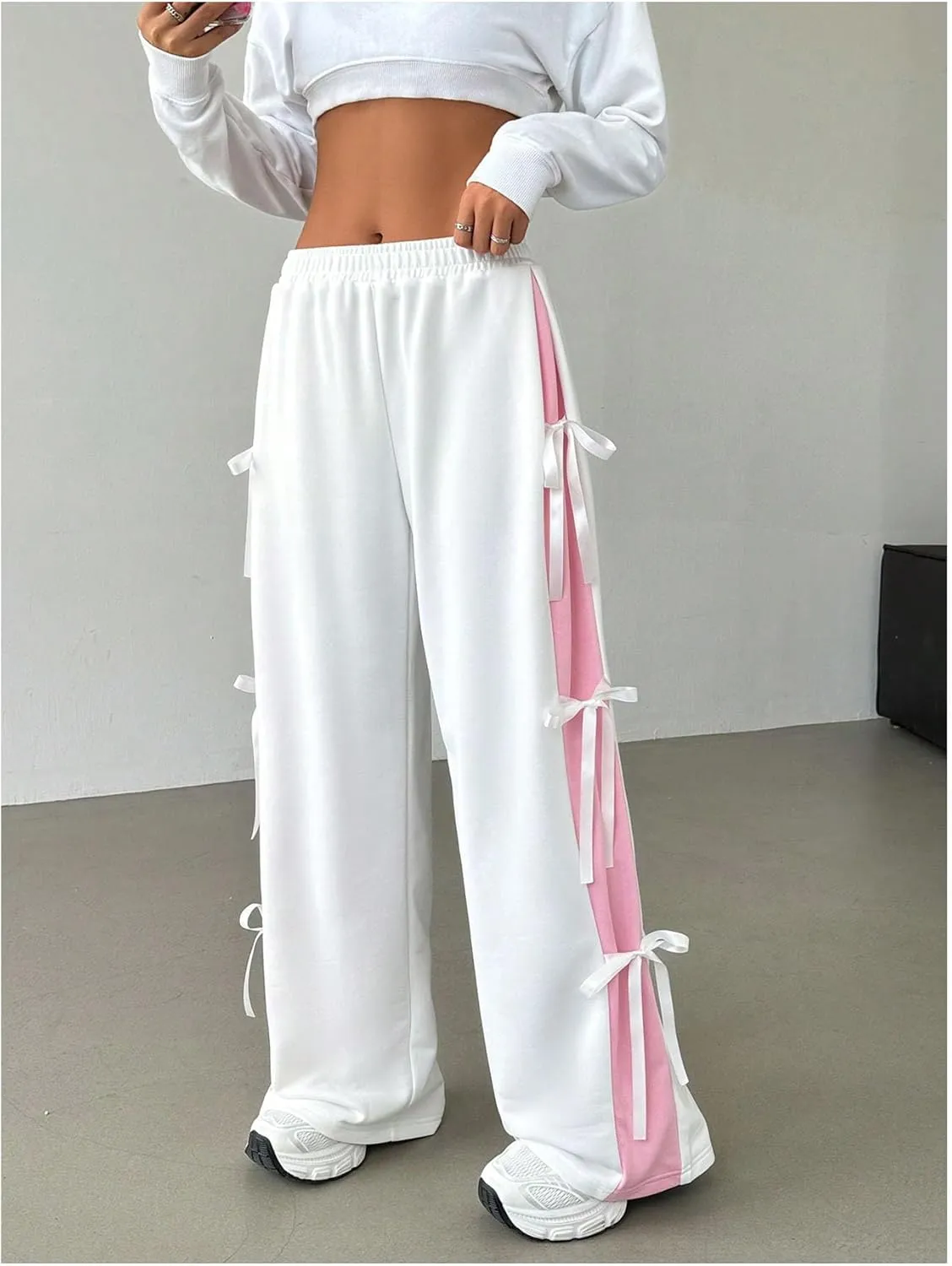 Verdusa Women's Bow Wide Leg Sweatpants Elastic Waist Casual Baggy Pants with Pocket