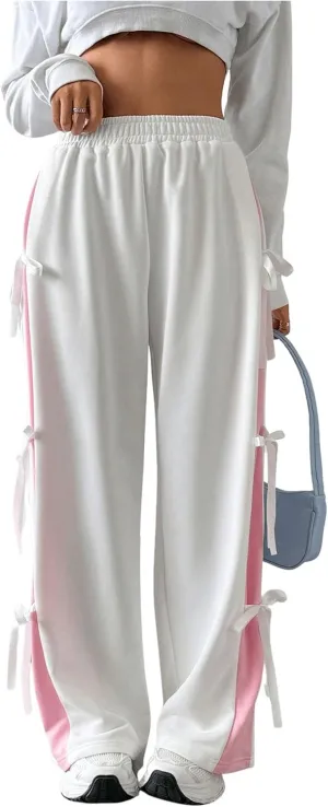 Verdusa Women's Bow Wide Leg Sweatpants Elastic Waist Casual Baggy Pants with Pocket
