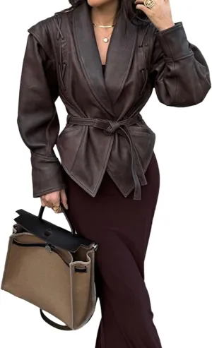 VOIKERDR Leather Jacket Women Vintage Oversized Brown Leather Jacket Top with Belt Fall Outfits for Women