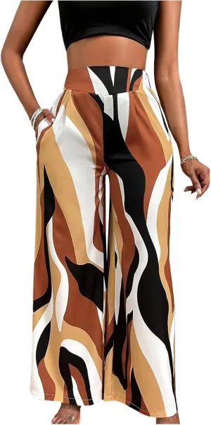 WDIRARA Women's Printed Elastic Waist Loose Fit Wide Leg Pants with Pockets
