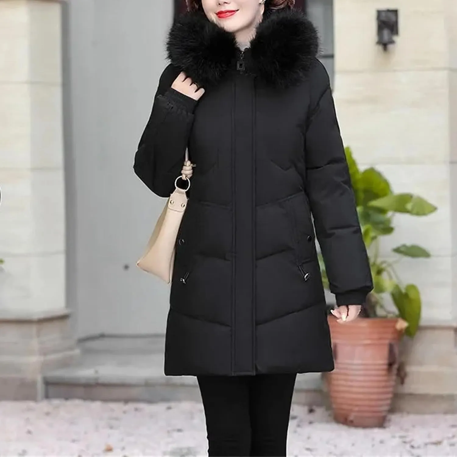 Winter Clothe Padded Jacket Thin Cotton-Padded Jacket Women Mid-Length Fleece Thickening Elderly Lady Cotton-Padded Coat