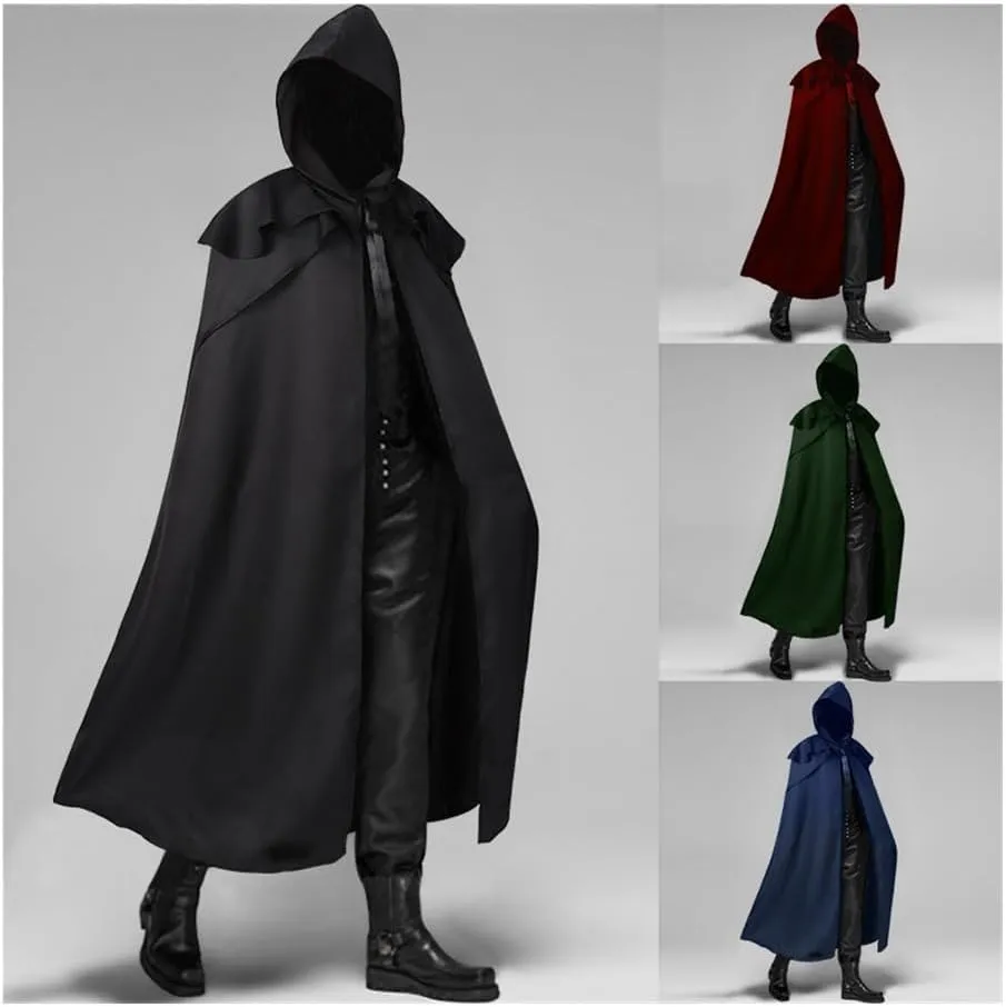 Wizard Cloak 4 Colors Men Cloak Hooded Medieval Monk Costume Windproof Coat Gothic Wizard Cape Halloween Death Mantles(Blue,Small)
