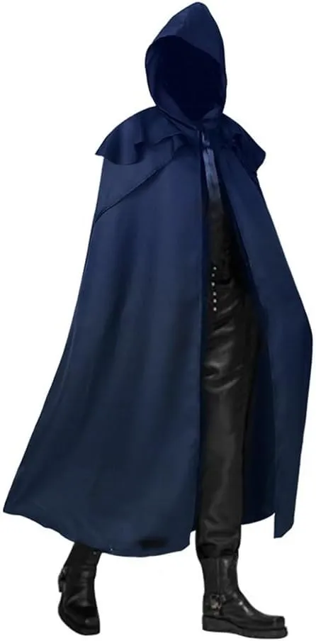 Wizard Cloak 4 Colors Men Cloak Hooded Medieval Monk Costume Windproof Coat Gothic Wizard Cape Halloween Death Mantles(Blue,Small)