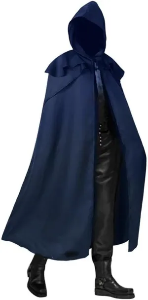 Wizard Cloak 4 Colors Men Cloak Hooded Medieval Monk Costume Windproof Coat Gothic Wizard Cape Halloween Death Mantles(Blue,Small)