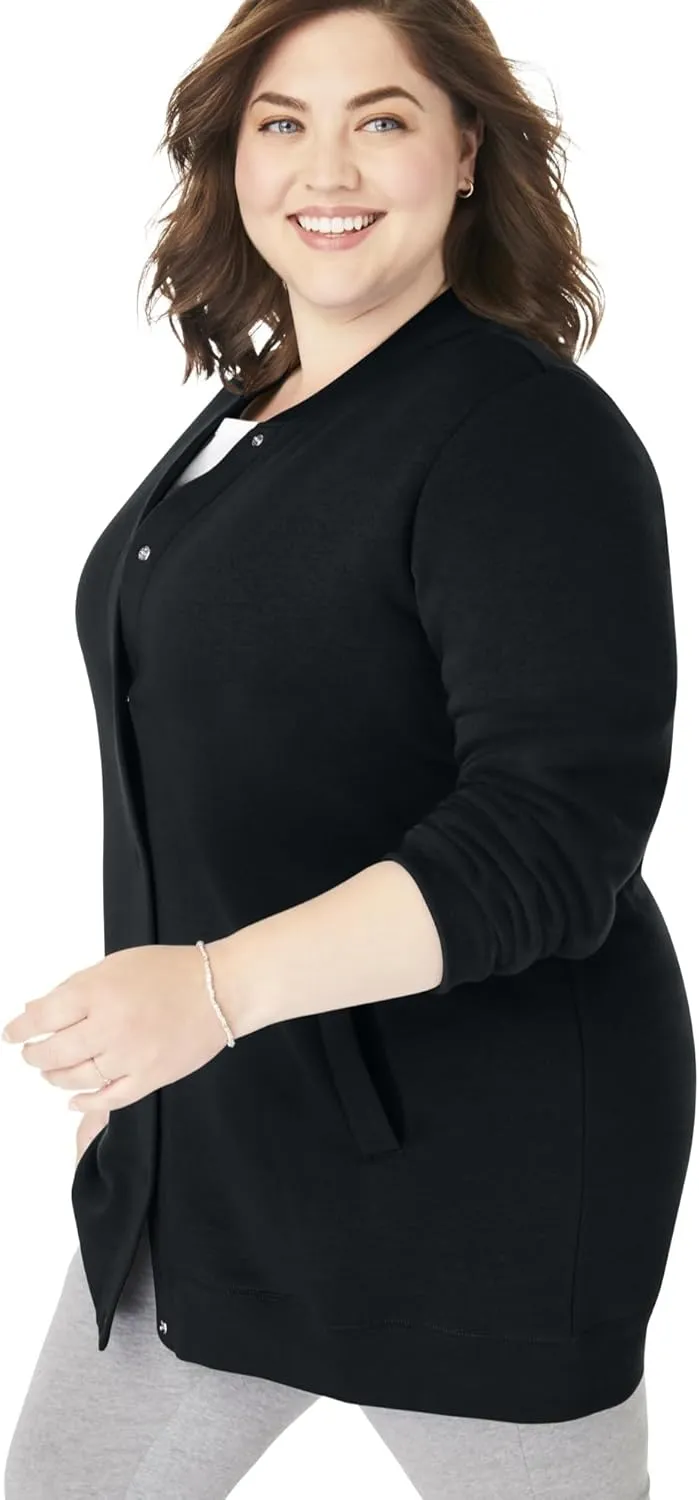 Woman Within Plus Size Fleece Baseball Jacket Long Oversized Fleece Coat