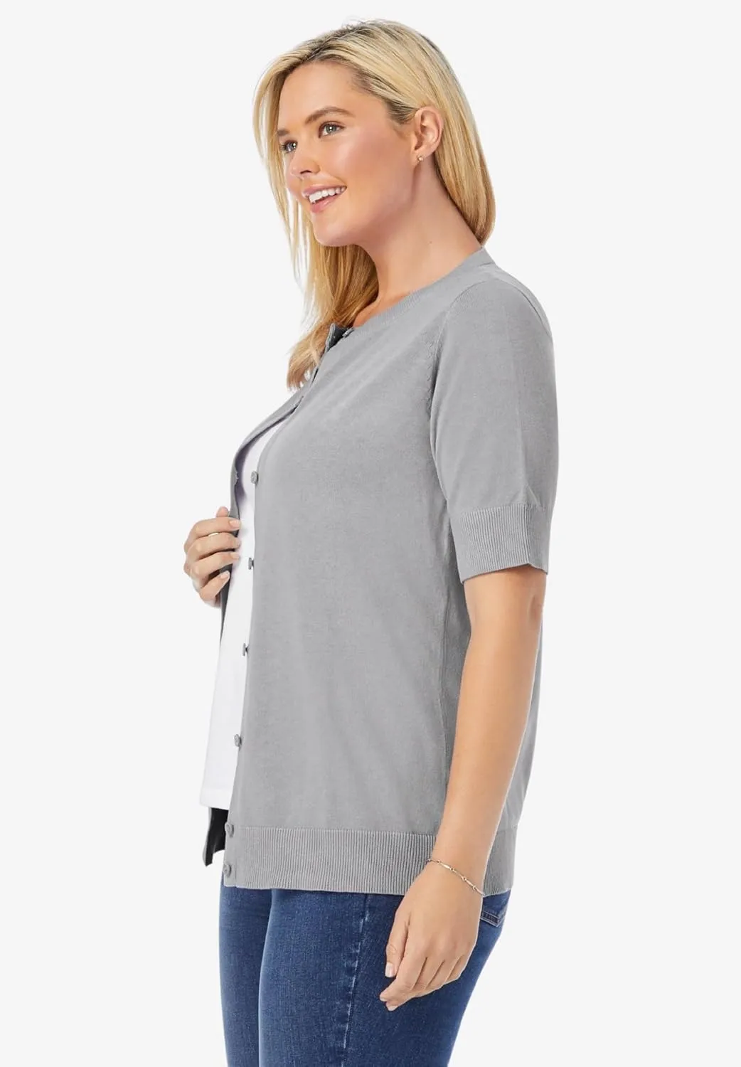 Woman Within Plus Size Perfect Elbow-Length Sleeve Cardigan