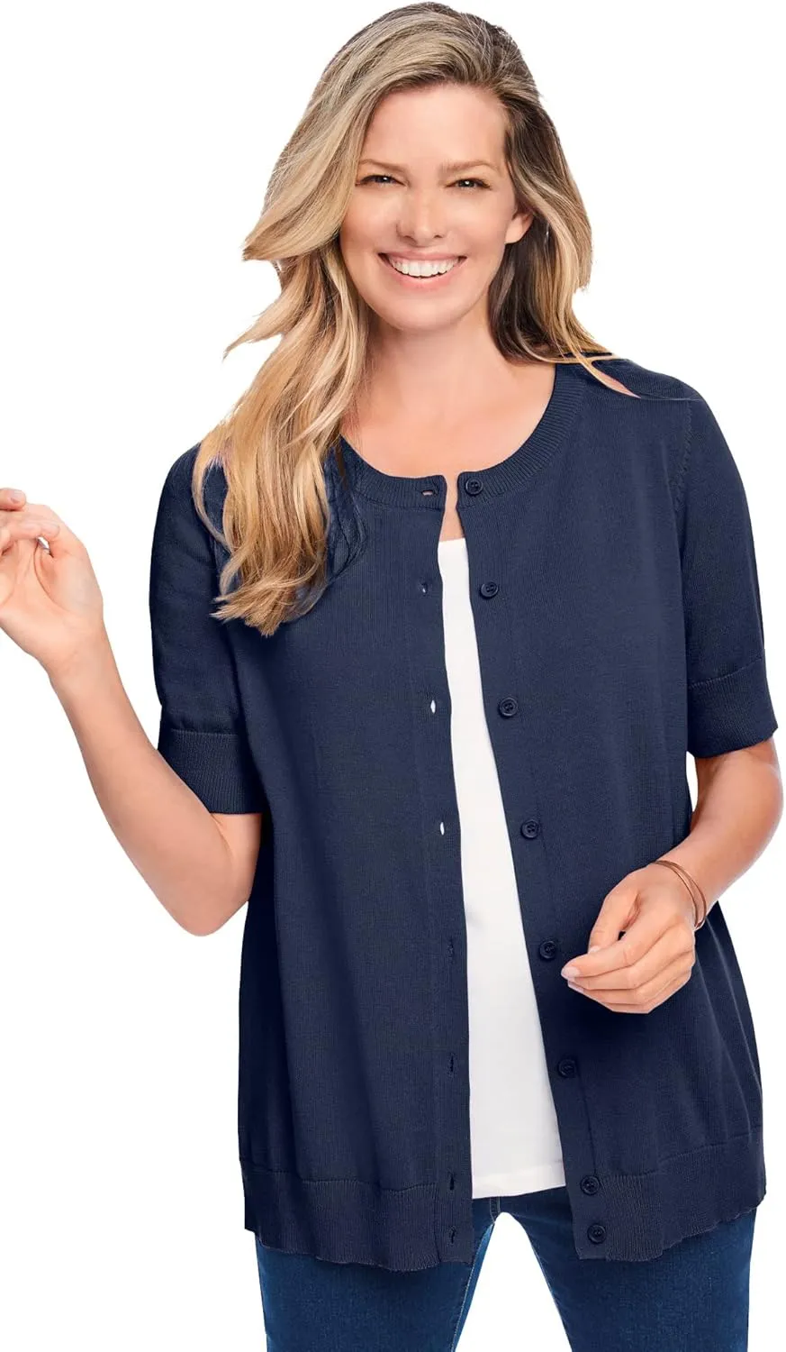 Woman Within Plus Size Perfect Elbow-Length Sleeve Cardigan