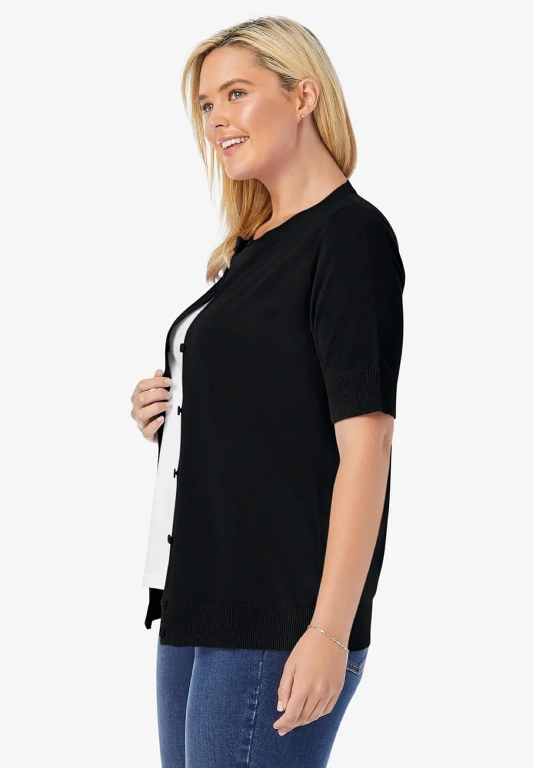Woman Within Plus Size Perfect Elbow-Length Sleeve Cardigan