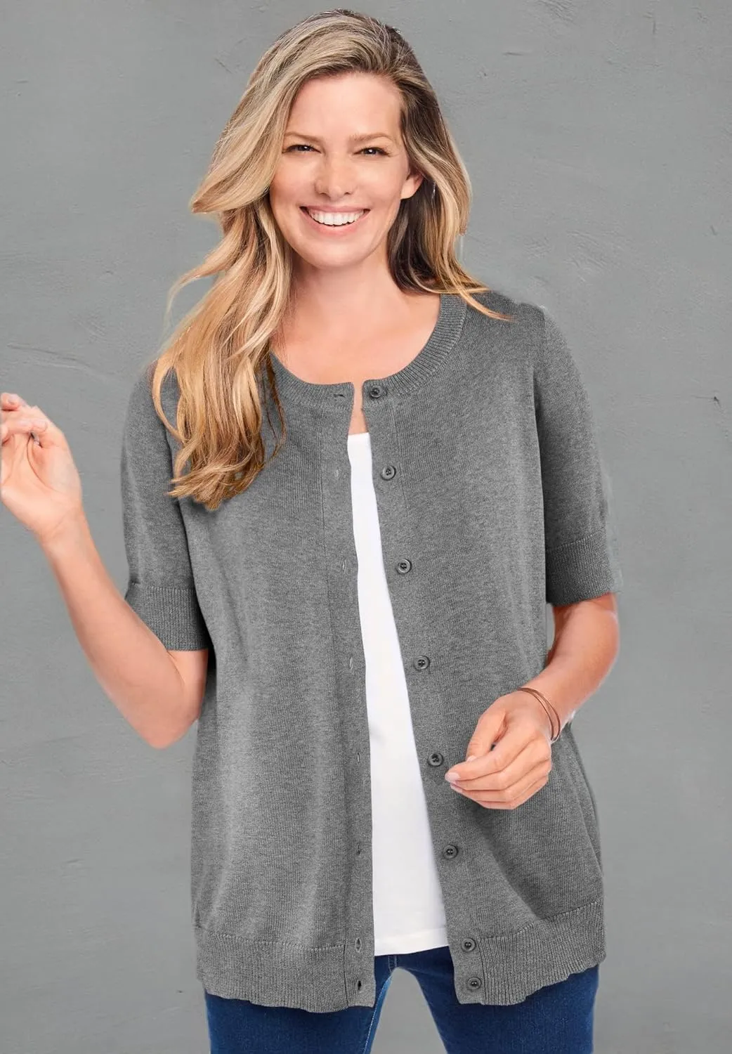 Woman Within Plus Size Perfect Elbow-Length Sleeve Cardigan