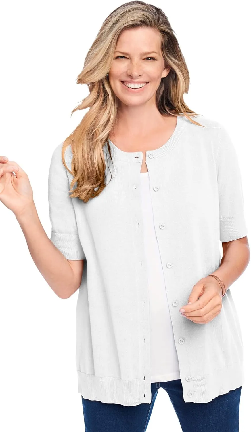 Woman Within Plus Size Perfect Elbow-Length Sleeve Cardigan
