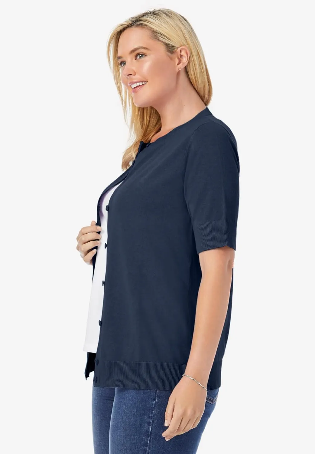 Woman Within Plus Size Perfect Elbow-Length Sleeve Cardigan