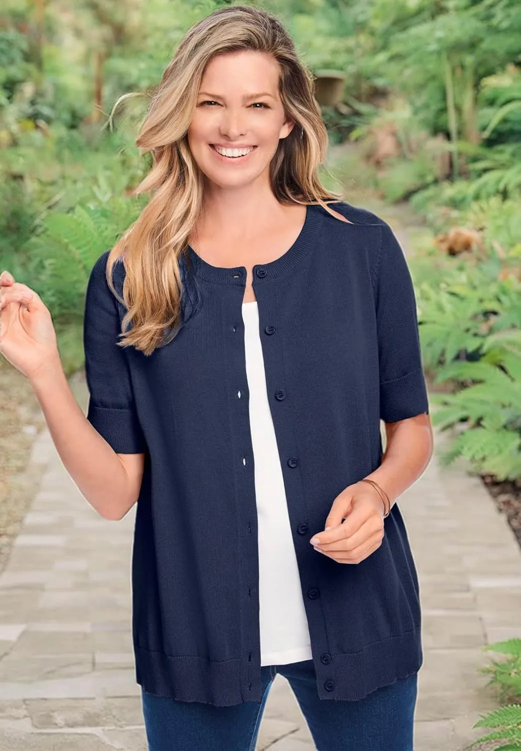 Woman Within Plus Size Perfect Elbow-Length Sleeve Cardigan