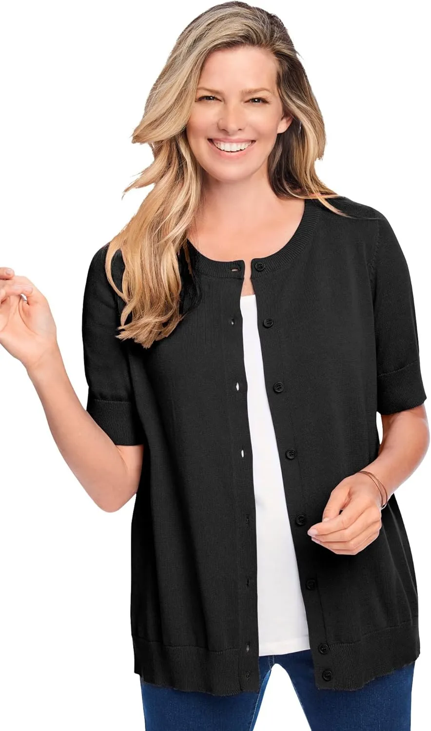 Woman Within Plus Size Perfect Elbow-Length Sleeve Cardigan
