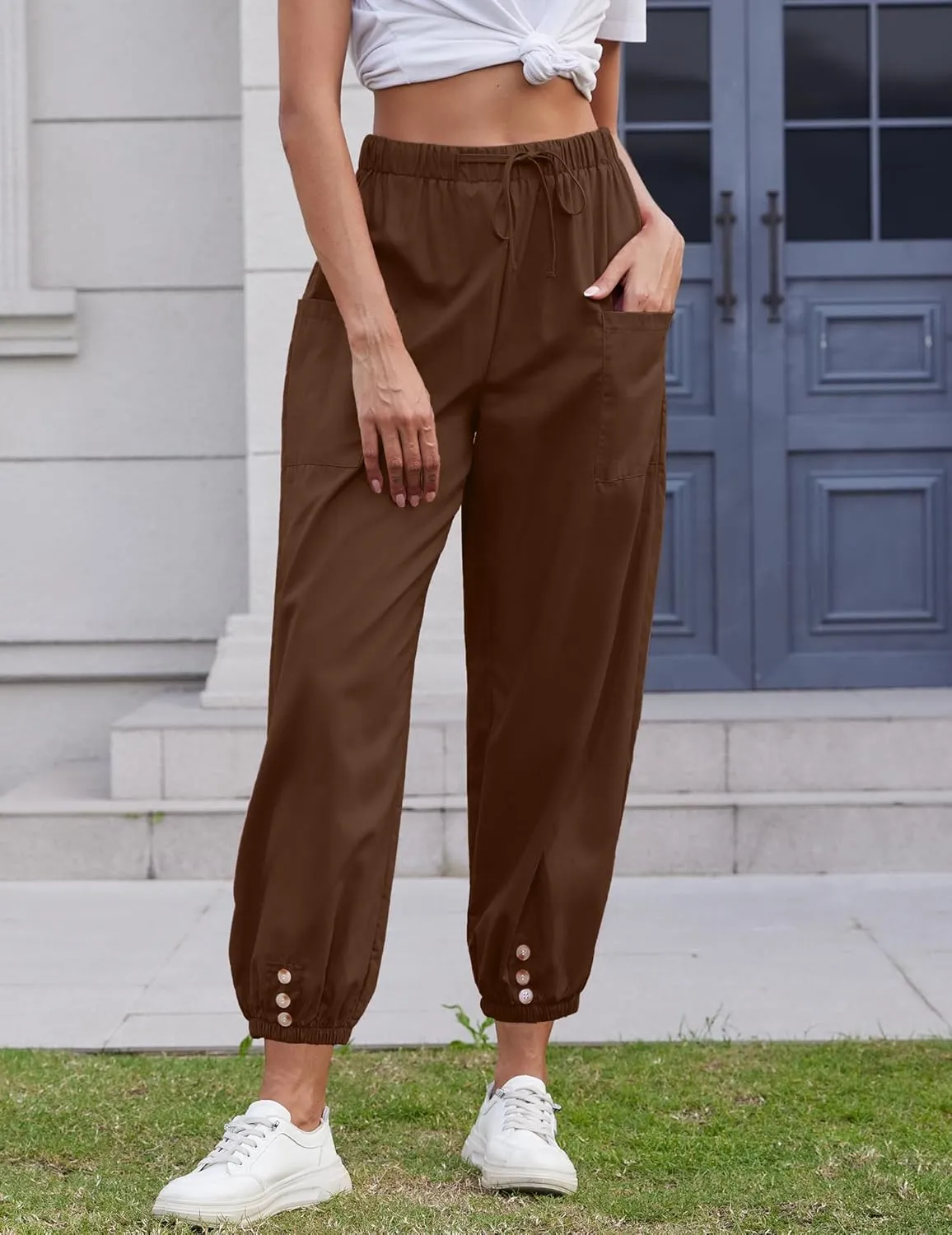 Women Capri Pants Lounge Drawstring High Elastic Waist Wide Leg Quick Dry Pants Cinch Bottom Trousers