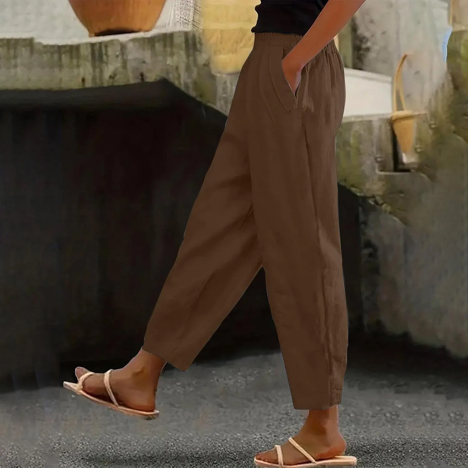 Women Cotton Linen Pant Solid Color Elastic Waist Slacks Straight Leg Comfy Pants Casual Lounge Trousers