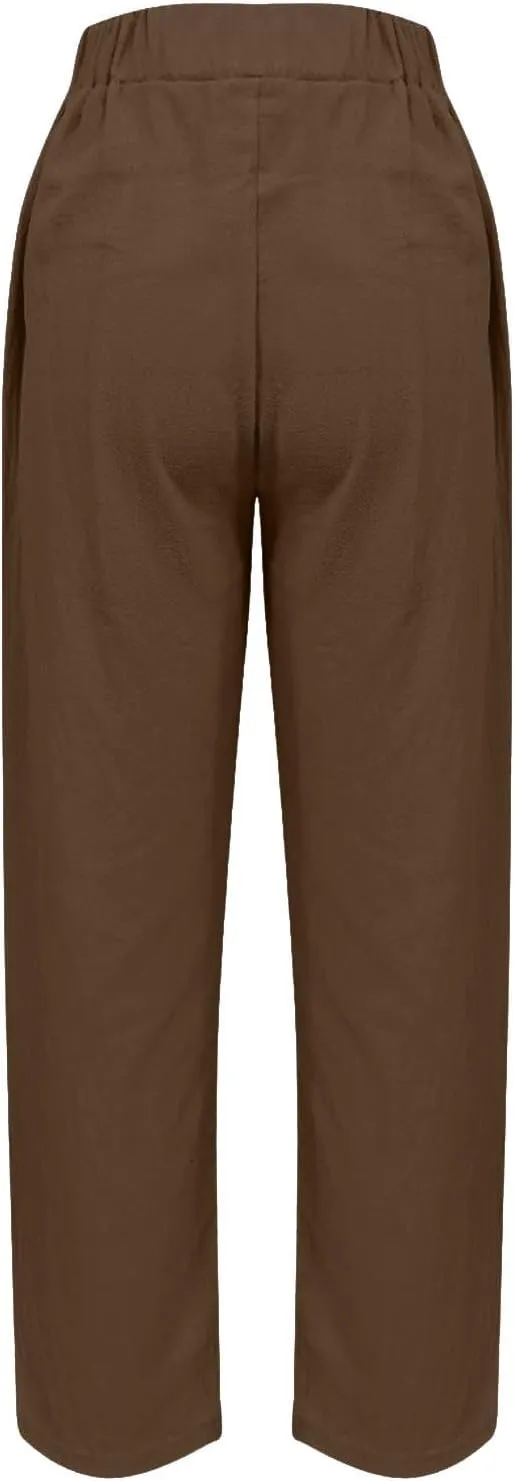 Women Cotton Linen Pant Solid Color Elastic Waist Slacks Straight Leg Comfy Pants Casual Lounge Trousers