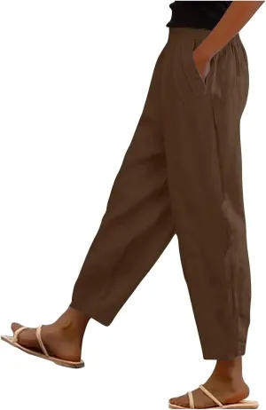 Women Cotton Linen Pant Solid Color Elastic Waist Slacks Straight Leg Comfy Pants Casual Lounge Trousers