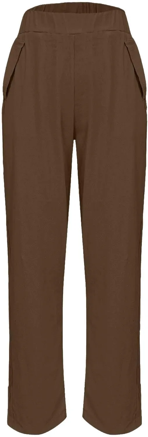 Women Cotton Linen Pant Solid Color Elastic Waist Slacks Straight Leg Comfy Pants Casual Lounge Trousers