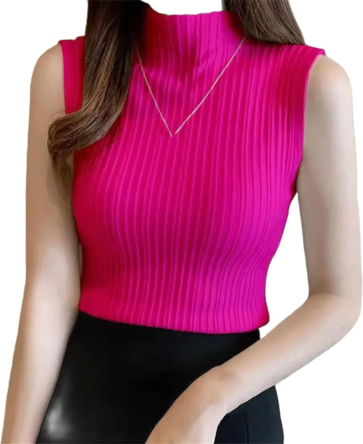 Women Knitted Camisole Wear Half High Neck Bottoming Shirt Short Knitwear Tight Sleeveless Top