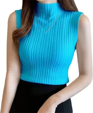 Women Knitted Camisole Wear Half High Neck Bottoming Shirt Short Knitwear Tight Sleeveless Top