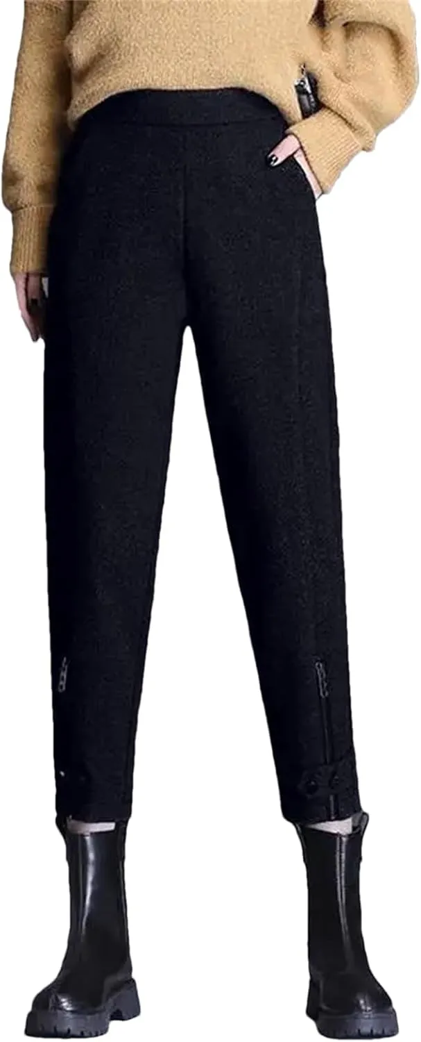 Women Office Zipper Wool Pencil Pants Slim Thicken Elastic Waist Solid Warm Harem Trousers