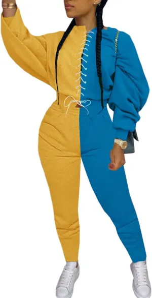 Women Sexy 2 Piece Outfits Long Sleeve Color Block Hoodies Sweatshirt Bodycon Ruched Long Pants Tracksuit Set