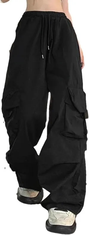Women Spring Summer Vintage Cargo Pants Elastic Waist Solid Wide Leg Pant Streetwear Baggy Trousers