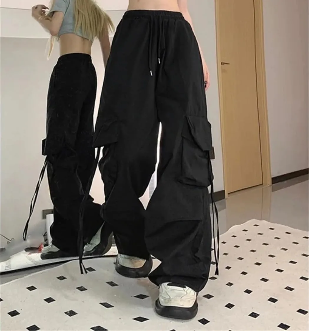 Women Spring Summer Vintage Cargo Pants Elastic Waist Solid Wide Leg Pant Streetwear Baggy Trousers