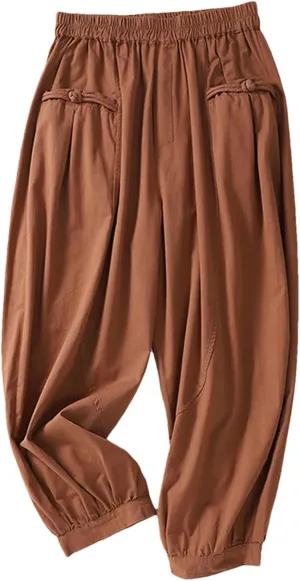 Women Vintage Cotton Pants Elastic Waist Loose Casual Harem Pants Pockets Buttons Trousers