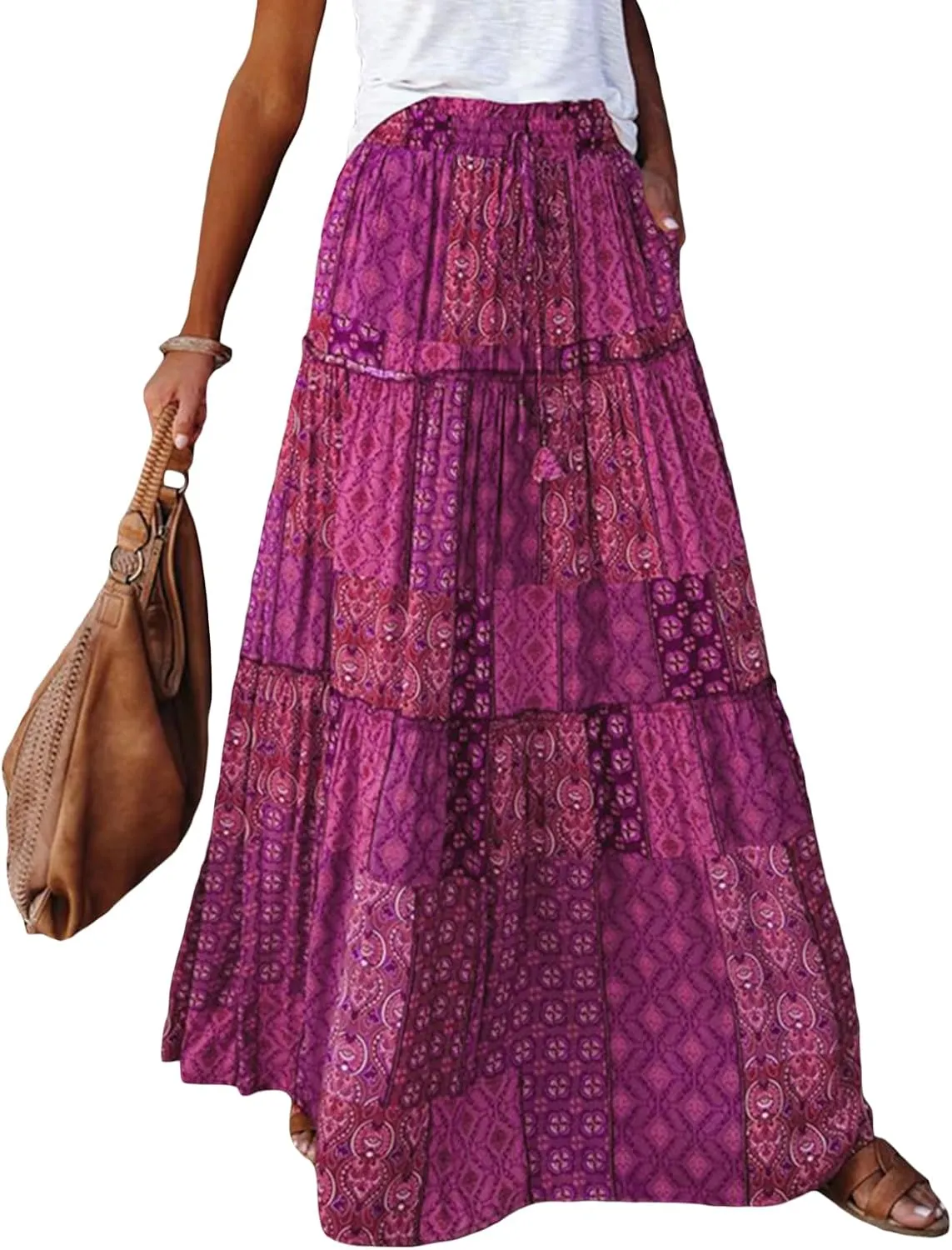 Women Y2k Denim Maxi Skirt Elastic Waist Button Pleated Tiered Flowy Long Swing Skirts Retro Chambray Jean Skirt