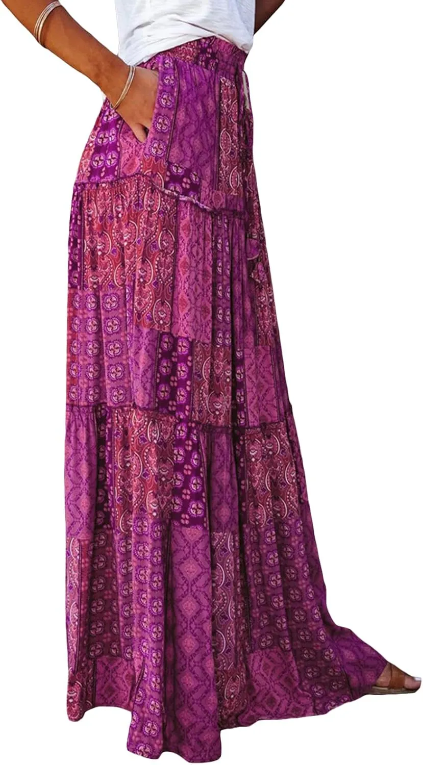 Women Y2k Denim Maxi Skirt Elastic Waist Button Pleated Tiered Flowy Long Swing Skirts Retro Chambray Jean Skirt