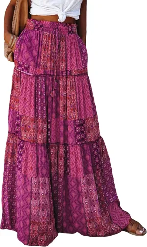 Women Y2k Denim Maxi Skirt Elastic Waist Button Pleated Tiered Flowy Long Swing Skirts Retro Chambray Jean Skirt