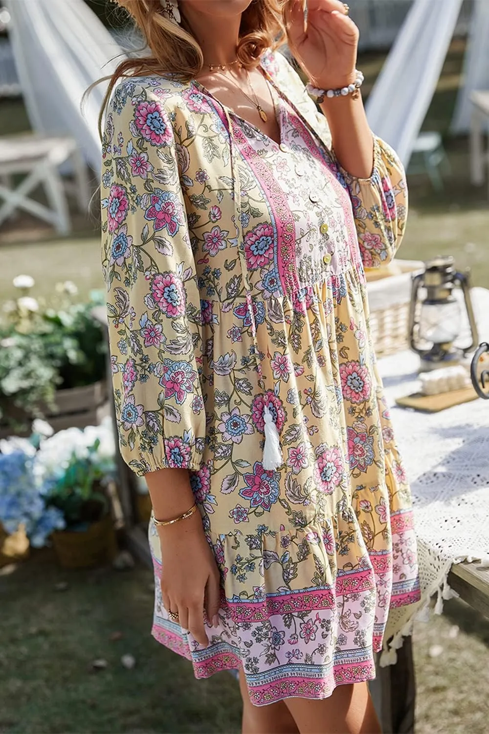 Women's 3/4 Sleeve Floral V Neck Tassel Pleated Loose Boho Ruffle Mini Dresses