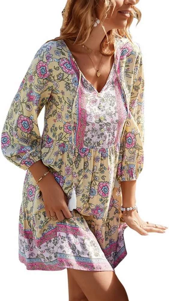 Women's 3/4 Sleeve Floral V Neck Tassel Pleated Loose Boho Ruffle Mini Dresses