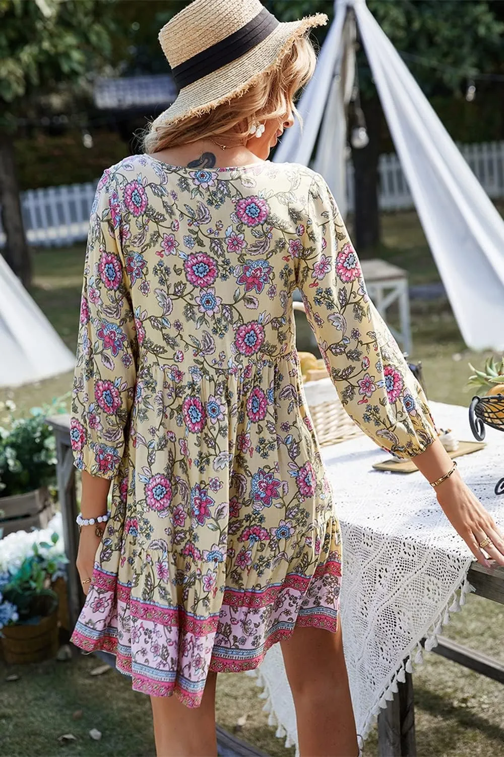 Women's 3/4 Sleeve Floral V Neck Tassel Pleated Loose Boho Ruffle Mini Dresses