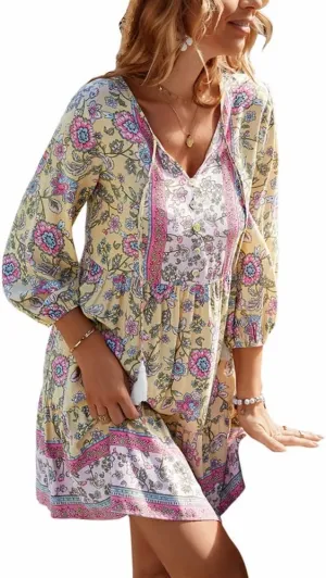 Women's 3/4 Sleeve Floral V Neck Tassel Pleated Loose Boho Ruffle Mini Dresses