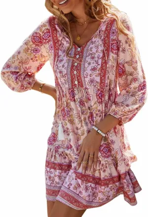 Women's 3/4 Sleeve Floral V Neck Tassel Pleated Loose Boho Ruffle Mini Dresses