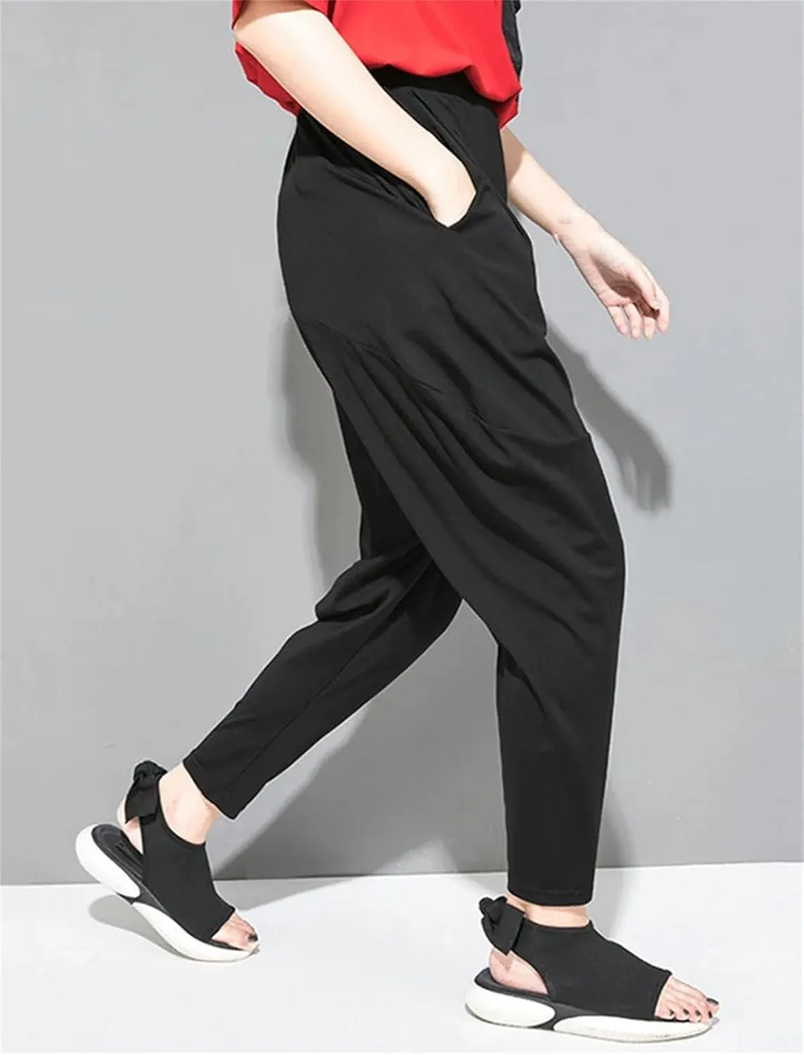 Womens Black Leisure Pocket Harem Pants High Elastic Waist Year-Round Casual Trousers