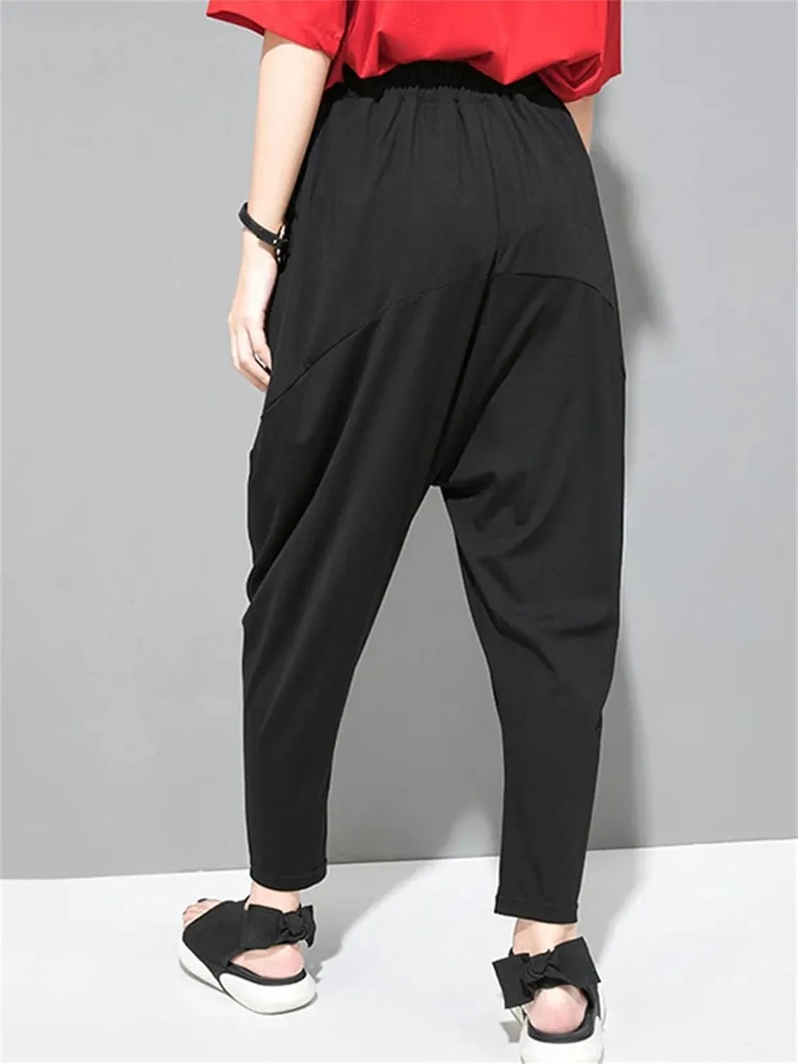 Womens Black Leisure Pocket Harem Pants High Elastic Waist Year-Round Casual Trousers