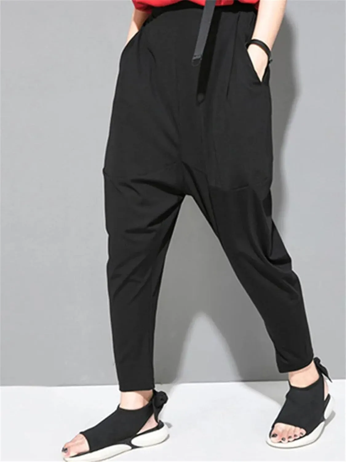 Womens Black Leisure Pocket Harem Pants High Elastic Waist Year-Round Casual Trousers