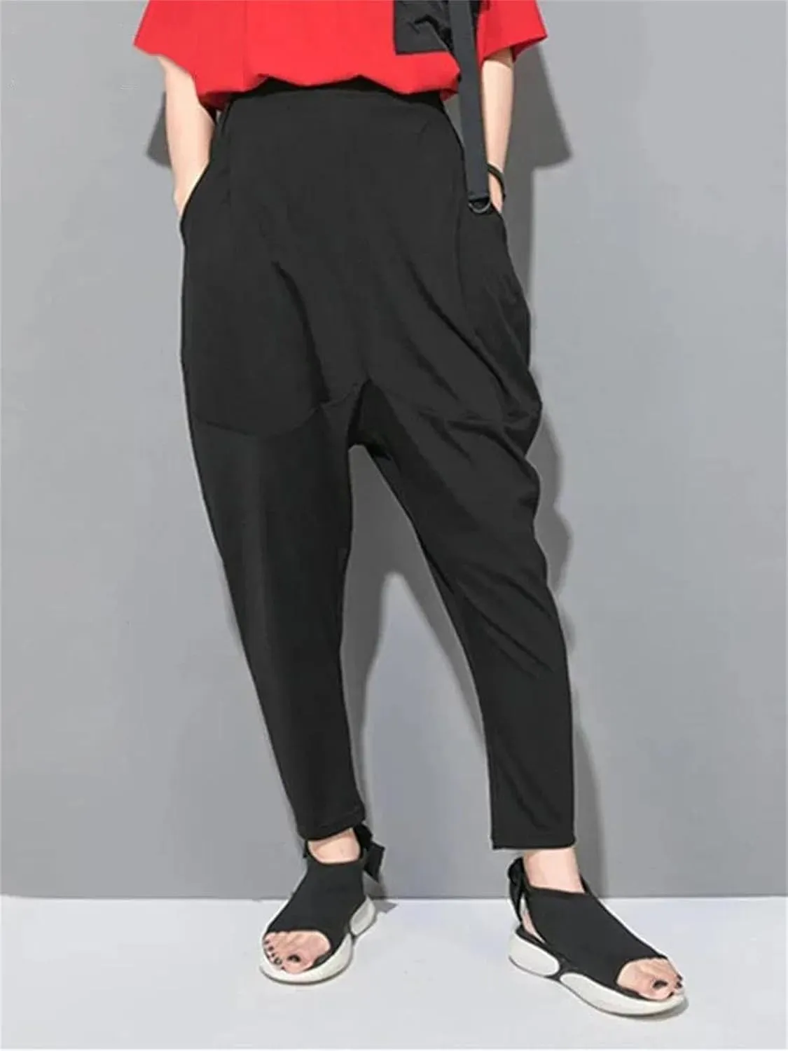 Womens Black Leisure Pocket Harem Pants High Elastic Waist Year-Round Casual Trousers