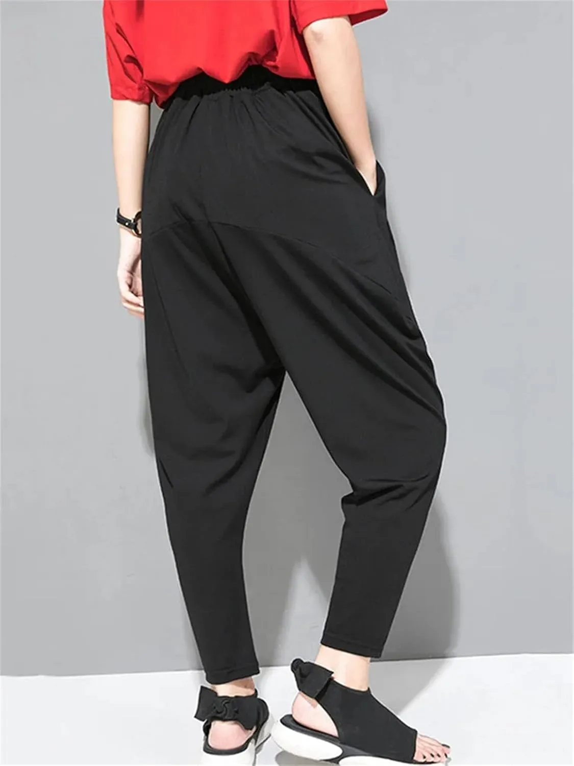 Womens Black Leisure Pocket Harem Pants High Elastic Waist Year-Round Casual Trousers
