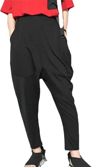 Womens Black Leisure Pocket Harem Pants High Elastic Waist Year-Round Casual Trousers